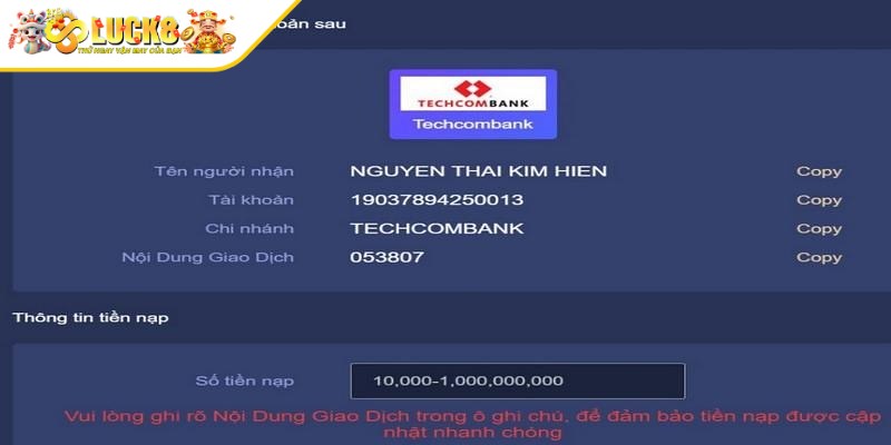 Quy trình nạp tiền Luck8 qua tài khoản ngân hàng